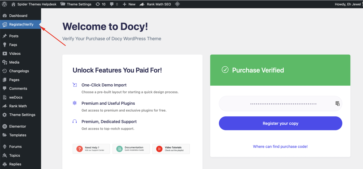 Docy Documentation Theme Register/Verify Dashboard 
