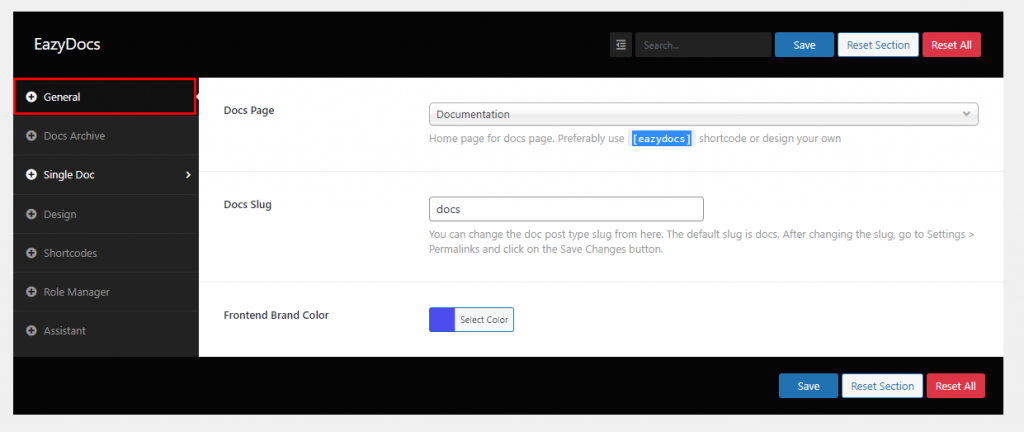 EazyDocs Configuration Dashboard for changing Documentation Slugs -  Archive Page