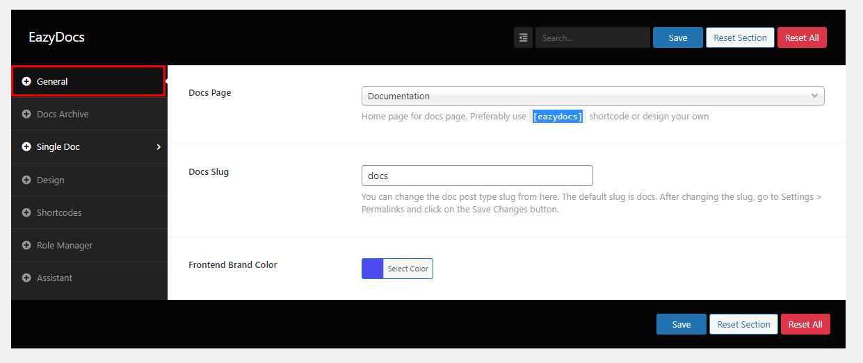 EazyDocs Configuration Dashboard for changing Documentation Slugs -  Archive Page