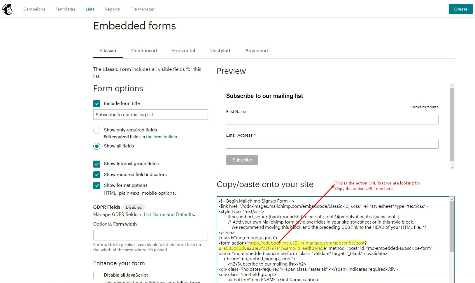 MailChimp Embedded form for Newletters