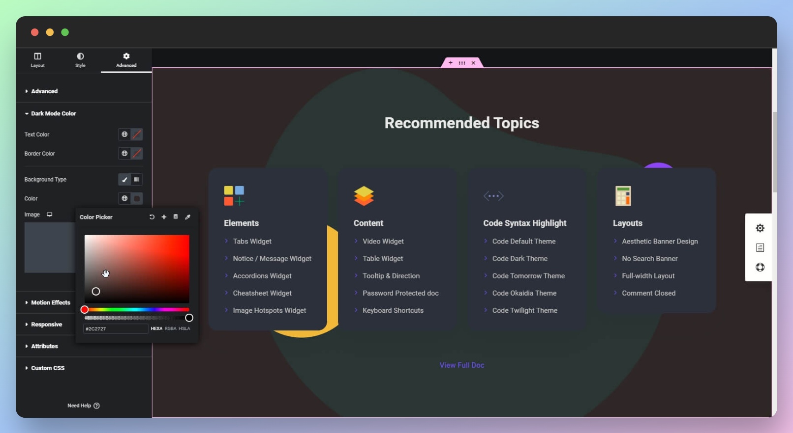 Docy Dark Mode Accent Color Settings Options from Elementor Page Editor Screen