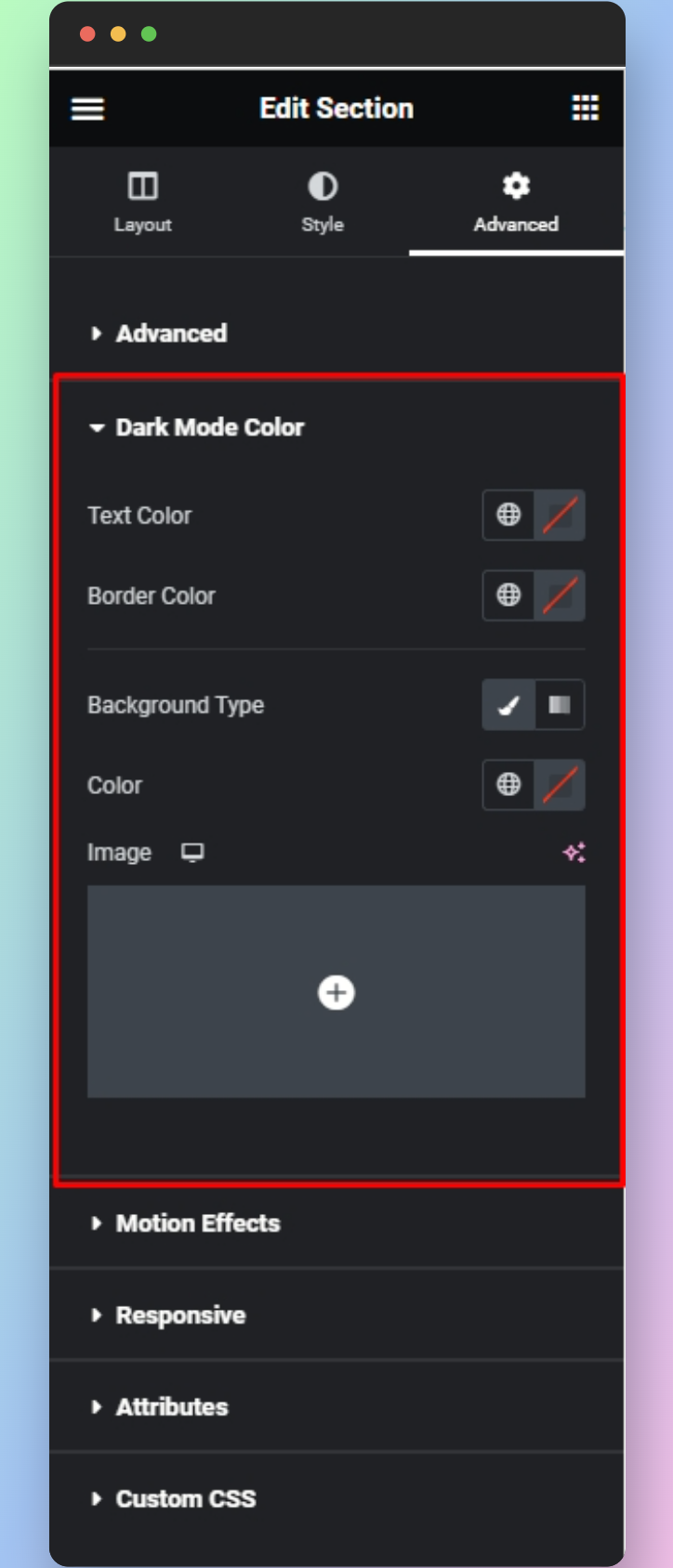 Docy Dark Mode Control on Elementor Page Editor Screen